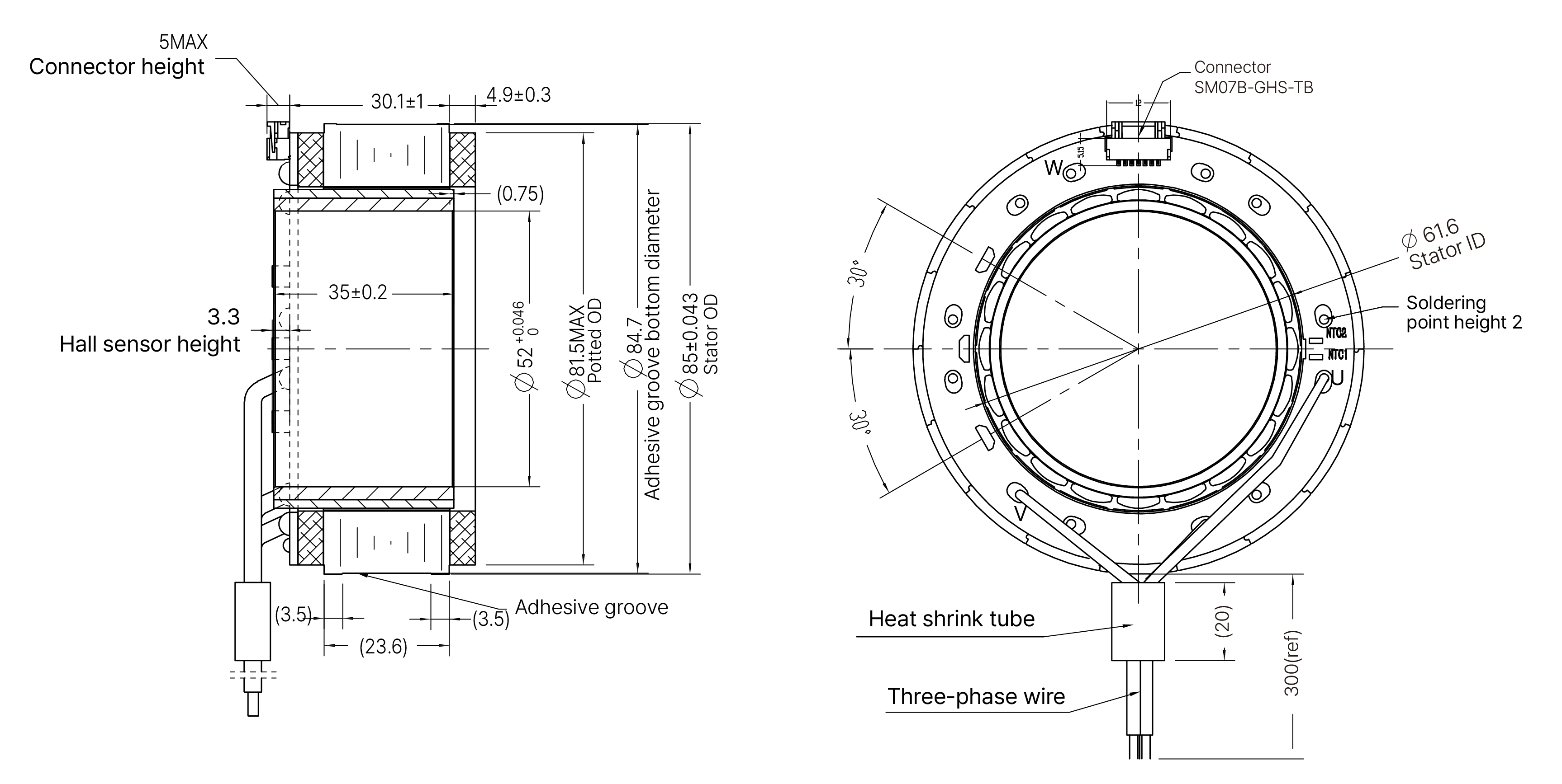 Frameless Motor Size 50mm Dimensional Drawing